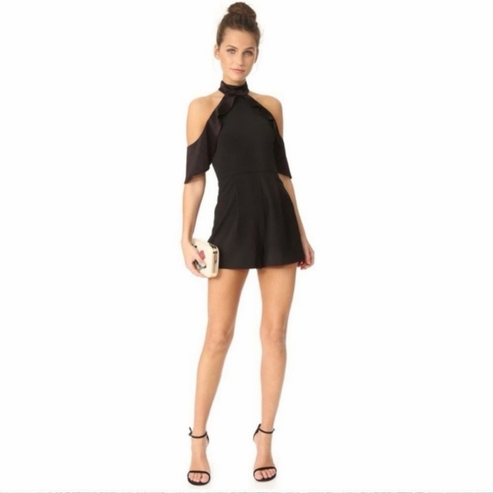 Alice + Olivia Black Cold-Shoulder Halter Romper